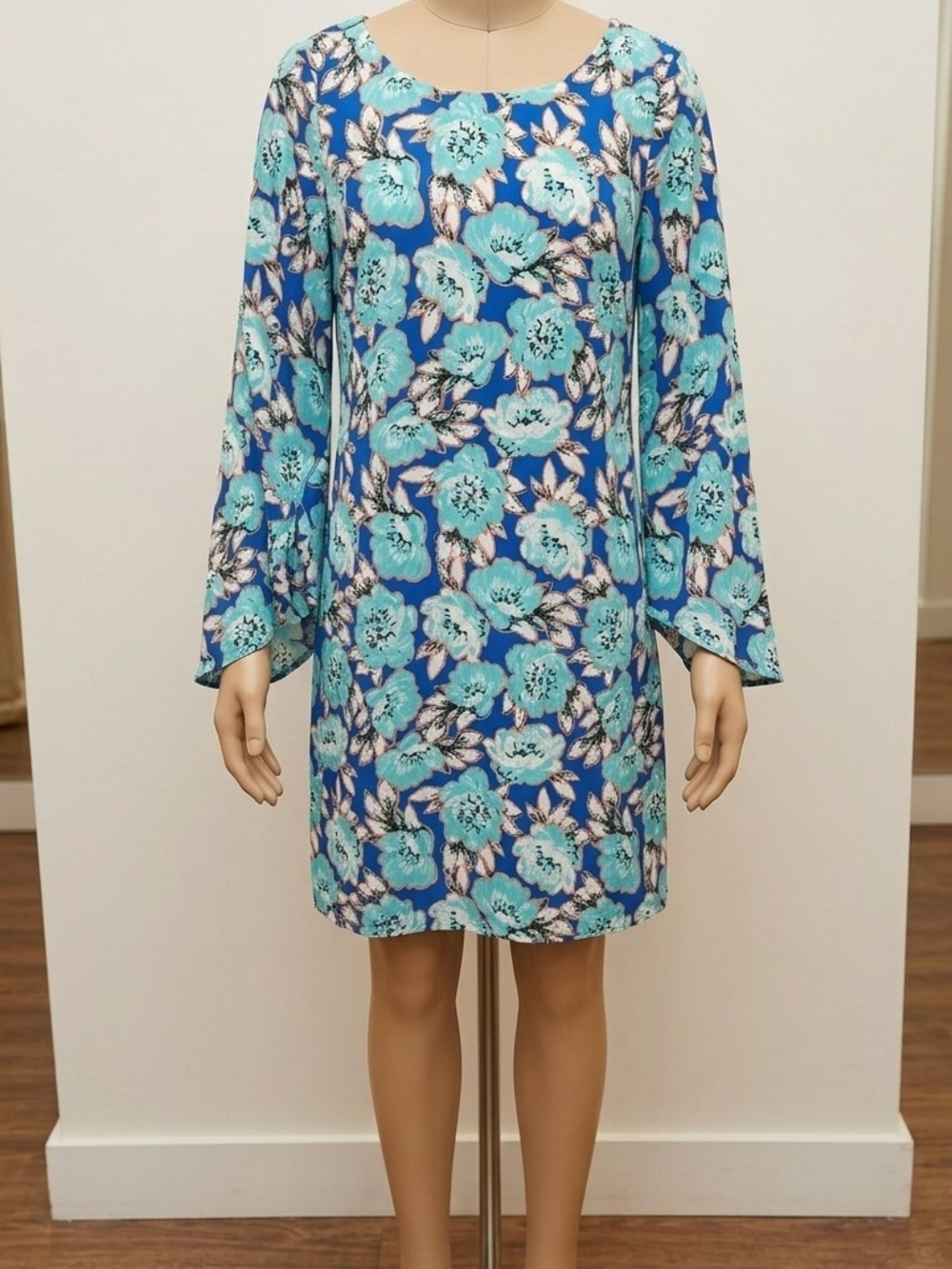 Kaari Blue Turquoise Floral Long-Sleeve Dress With Flowing Sleeves